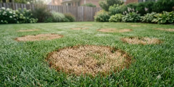 Circular brown patches of fungus-damaged fescue grass scattered across a green residential lawn in summer