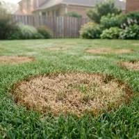 Circular brown patches of fungus-damaged fescue grass scattered across a green residential lawn in summer