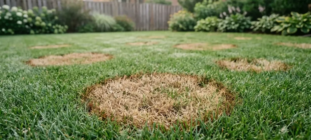 Circular brown patches of fungus-damaged fescue grass scattered across a green residential lawn in summer